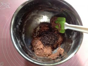 倒入耐烘焙巧克力豆用橡皮刮刀翻拌均匀，成为湿润的面糊
