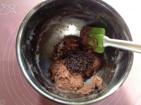 倒入耐烘焙巧克力豆用橡皮刮刀翻拌均匀，成为湿润的面糊