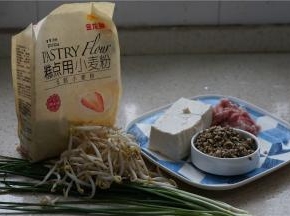备好所用食材，如图有豆腐，蛤肉，肉末，豆芽，胡葱，糕点用小麦粉。