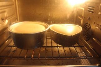 打发蛋清时就可以开始140度预热烤箱了，预热温度到达后，轻震两下模具，如果表面出现气泡用牙签挑破，然后将装好蛋糕糊的模具放进烤箱最下层进行烘烤，上下火130度烤30分钟转145度烤15分钟（如果用的是8寸圆模，总共需要烤60分钟左右）