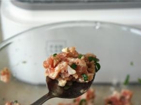 用黑胡椒粉，细盐，料酒，葱花调味豆腐网末，拌至肉馅微微上劲就可以。