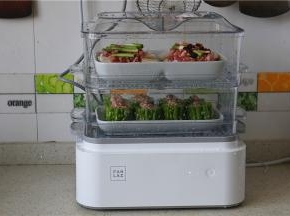 电蒸锅里加水，上蒸格，将食材摆放在里面，隔水蒸制。