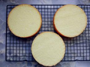 在分片器辅助下，分成厚约5mm的蛋糕片，切去边缘的蛋糕皮。