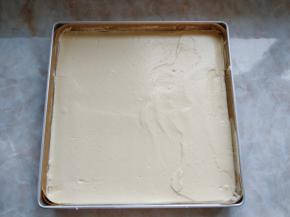 13. 将蛋糕糊倒入烤盘中，表面抹平，轻震几下去除气泡。