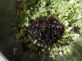 萝卜在冷水中拔好以后捞出攥干稍微切一下，木耳和葱切碎放入