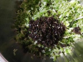萝卜在冷水中拔好以后捞出攥干稍微切一下，木耳和葱切碎放入