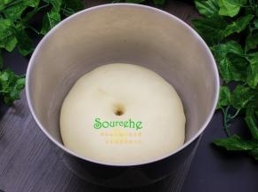厨师机揉好的面团用手揉搓成光滑面团，放回厨师机的桶里，盖上一块湿布，进行第一次发酵，发酵到2倍大。