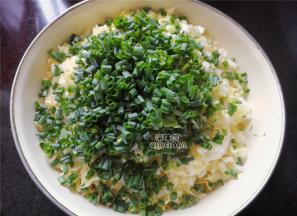 等待片刻后白菜出水，攥掉多余的水分，把小葱切细圈倒入白菜盆中混合。