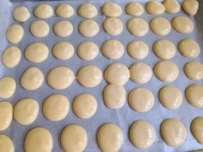 7.	烤盘上铺一张油纸，起到防粘的效果，然后裱花袋剪一个小口，将面糊挤到烤盘上，速度要快，不然就变稀了，很容易消泡的，