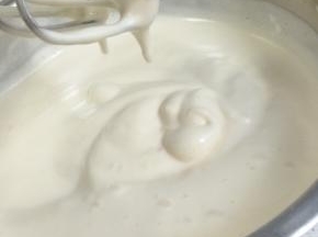 蛋液高速打发，到最后低速两分钟整理气泡，至打蛋头上蛋液不轻易滴落就可以!