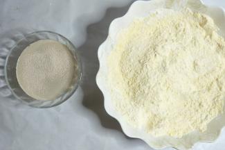 酵母加入水中融化，玉米面和中筋面粉混合均匀