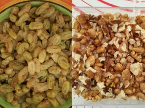 葡萄干洗净吸干水分，提前用朗姆酒浸泡一晚，果干4：酒1。核桃仁捏碎即可。