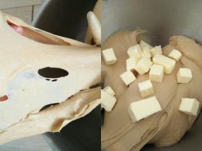 先低速拌匀转中速搅拌至表面略光滑，可以抻出厚膜的状态，加入室温软化的黄油，低速拌匀转中速。