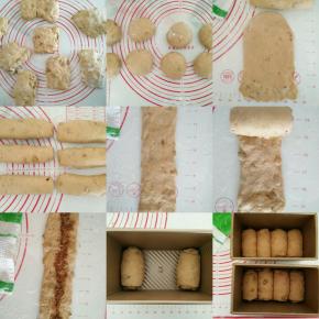 将面团倒在揉面垫上，轻拍排气。分割成8份，滚圆松弛20分钟。取一个面团轻拍排气，从上向下擀开，两手抻住上面翻面，底部压薄，从上向下卷好，松弛20分钟，再次擀长中间撒上黑糖，卷好放入吐司盒中，收口朝一个方向，先放两边再放中间。