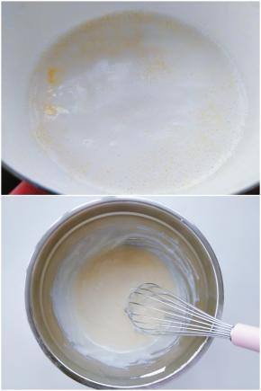 3. 牛奶和黄油倒入小锅中，小火加热。边加热，边将香草荚剪开，刮出香草籽混入锅中，香草荚的外皮也放入锅中一起加热到接近沸腾，约85度。 4. 将煮好的香草牛奶离火，捞出香草荚，静置稍凉，倒入第二步的粉类混合物中快速拌匀。切勿过度搅拌，以免生筋。