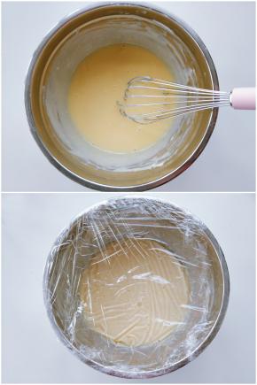 5. 加入全蛋、蛋黄和君度酒搅匀。 6. 用保鲜膜贴住表面，外面再包一层保鲜膜，确保密封后放入冰箱冷藏隔夜（面糊最少需要冷藏24小时，最长可放72小时）。