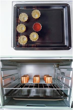 7. 把适量蜂蜡切成小块，放入可露丽铜模中，入ACA烤箱上下火180度，加热到蜂蜡融化成液体。把融化的蜂蜡在各个模具中晃一下，让模具内部均匀蘸上蜂蜡。 8. 再把蜂蜡倒出，将模具倒扣在烤网上，入烤箱上下火185度烤3分钟，让多余的蜂蜡充分流出。