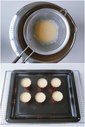 9. 将冷藏好的面糊（冷藏后呈微分离状态）取出搅匀，过筛后放在一边备用。 10. 将铜模降温至50度，把面糊倒入模具中，八九分满。