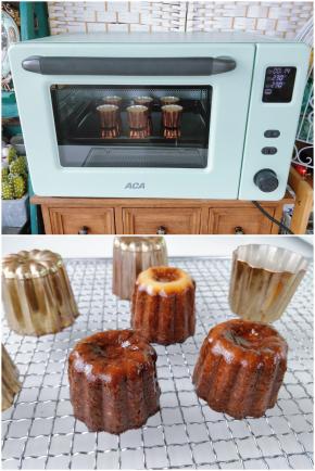 11. 将ACA烤箱预热，上下火230度，然后放入烤箱中下层，烤15分钟。不开炉门，再转为上下火190度，烤50分钟左右。 12. 出炉后趁热直接倒扣脱模即可。成品外壳上色均匀，不塌腰，说明ACA这款ATO-E45G烤箱的火力均匀，持久温控表现不错。