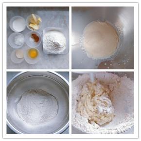 1. 准备好制作面团的材料，加入面团的无盐黄油在室温下软化。
2. 将常温牛奶和酵母粉倒入厨师机搅拌桶内，静置片刻。
3. 把面粉、肉桂粉和糖、盐混合过筛。
4. 将上一步的粉类混合物倒入搅拌桶内，加入鸡蛋后启动厨师机和面。