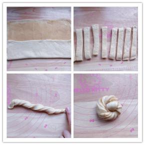 13. 将面片如图横向三折。
14. 将折好后的面片轻柔地擀薄，再用刀分成12等份。
15. 取一条，两手捏住两端，朝不同方向扭转，直到转不动为止。
16. 以一端为中心，另一端围绕它卷起来，头尾两端在背面捏在一起，以免二次发酵和烘烤时散开。