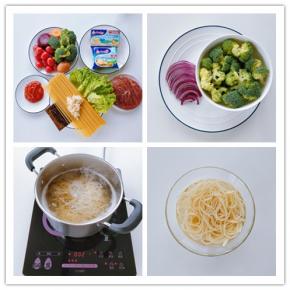 1. 准备好各种食材，将菲利牛排在室温下解冻。
2. 将西兰花分成小块，在盐水中浸泡一会儿。洋葱切丝备用。
3. 煮面：将意面放入沸水中，水中加一勺盐，煮10分钟。
4. 煮熟后捞出，冲凉开水，放在一边备用。