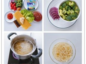 1. 准备好各种食材，将菲利牛排在室温下解冻。
2. 将西兰花分成小块，在盐水中浸泡一会儿。洋葱切丝备用。
3. 煮面：将意面放入沸水中，水中加一勺盐，煮10分钟。
4. 煮熟后捞出，冲凉开水，放在一边备用。