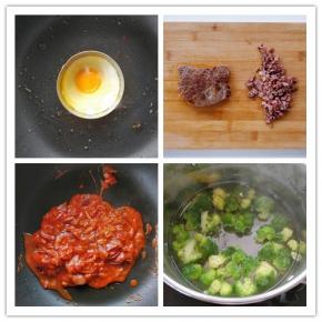 9. 煎蛋：趁锅中余温，打入鸡蛋，小火煎到八成熟，盛出备用。
10. 将煎好的牛排切出浣熊的外形，剩余的部分切碎。
11. 制作酱汁：继续在不粘锅中融化剩余的安佳黄油，将切碎的牛排、洋葱和意面酱炒匀，如果酱汁太浓，可加少许水。
12. 水煮西兰花：将西兰花汆水，煮到八成熟，捞出冲冷水，沥净备用。