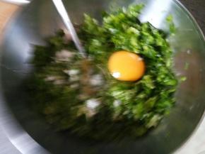 磕半个或者一个鸡蛋（视葱量而定，葱少就放半个，我这些葱放一个也多了）进去，加盐，色拉油，芝麻油调味。这照片糊的