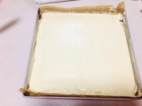 烤盘中放置一张油纸或者油布，先将原味蛋糊倒入模具中抹平