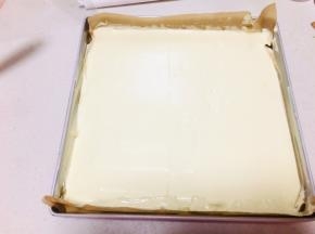 烤盘中放置一张油纸或者油布，先将原味蛋糊倒入模具中抹平