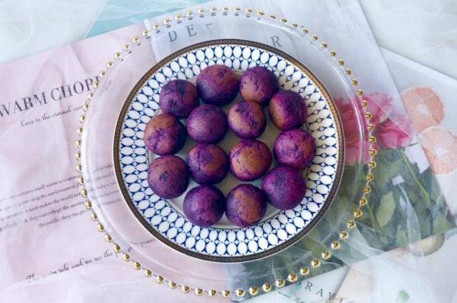 超长拉丝的芝心紫薯球