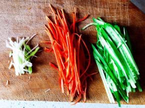 黄瓜、红萝卜、葱，切丝。