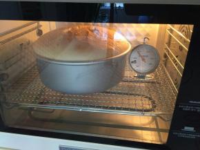 蛋糕涨到最高点开始回落，上色满意了可以此时加盖锡纸。用手指轻压蛋糕表面，蛋糕快速回弹，就是烤好了。