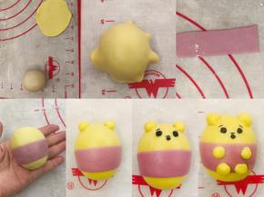 维尼小熊我先裹上一层黄色的皮肤，按图做出身体、耳朵、眼睛、嘴巴、手脚等部分