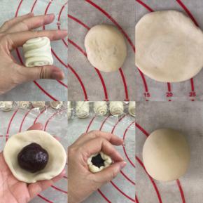 按图把馅包裹好，传统蛋黄酥就包好了。下面是添加卡通元素哦。