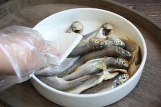 盖上保鲜膜，放入冰箱腌制2小时。(也可以早上上班之前腌制好放冰箱，下班回来做)然后沥干水分或者用厨房用纸吸干水分。 急于炸鱼的话腌制10～15分钟也可以，一定要吸干水分，避免炸的时候溅油。