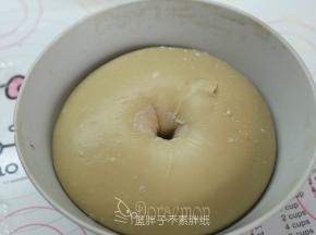 大概60分钟之后，面团发酵到两倍大，手指沾面粉戳一个洞，不回缩、不塌陷即表示发酵完成。