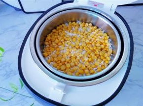 接着把剩下的玉米粒铺在梗米上，倒入适量水跟米粒齐平即可。