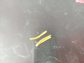 黄色面团搓细条，做花蕊