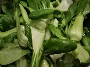 开水汆烫油菜 水中加入1克盐和几滴食用油汆烫熟  快速捞出备用