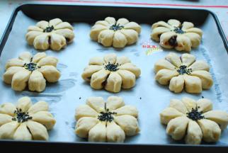 其他的小面团全部依次做好，烤盘铺上油纸，中间刷上蛋黄液，撒上几粒黑芝麻。做好的面包坯子放进烤盘，然后放入烤箱进行二次发酵。烤箱没有发酵功能的，可以在旁边或底部放一碗热水，暖壶里倒出来的水就行，不要用开水。