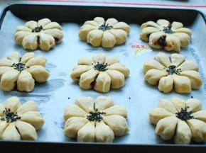 其他的小面团全部依次做好，烤盘铺上油纸，中间刷上蛋黄液，撒上几粒黑芝麻。做好的面包坯子放进烤盘，然后放入烤箱进行二次发酵。烤箱没有发酵功能的，可以在旁边或底部放一碗热水，暖壶里倒出来的水就行，不要用开水。