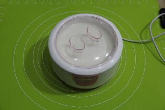 盖盖子，放入酸奶机，插上电源，开始发酵，8个小时左右，期间保持通电状态。一般夜里9点左右放好，早起6点就可以了。