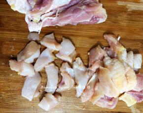把取出来的鸡肉，切成薄片，鸡皮可以丢弃，不要