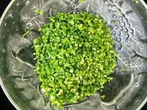 韭菜先用水泡个十来分钟，再冲洗干净然后切碎，腊肠洗干净也切成小丁备用。
取个碗打入鸡蛋，加一丢丢白糖和适量盐，再再加入10克清水搅拌均匀，然后放锅里煎熟，晾凉后切碎。