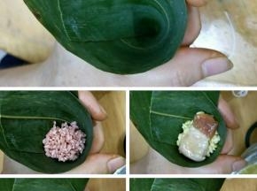 接下来就处理粽子叶了，粽子叶洗干净后放到水里煮三分钟左右捞出沥水。

取两张叶子叠一起，折一个三角形，放一勺糯米；然后放半勺绿豆和一块五花肉，肉的上面再放半勺绿豆，最后放糯米全部盖住绿豆。