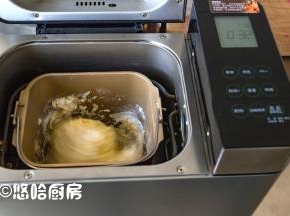启动面包机的和面程序，一个程序默认30分钟。30分钟后放入泡软并沥掉水分的葡萄干继续揉面2分钟走油，看到葡萄干被面团包容即可停止，不可久揉，也可以取出面团手揉葡萄干进去。