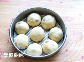 面团平均分割成8份，滚圆后放入模具中，继续在室温下进行二次发酵。发酵的面团注意盖保鲜膜保湿。