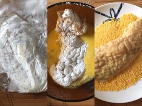 鸡蛋磕入碗中打散，把腌好的鸡胸肉先放入淀粉中打一个滚，再放入鸡蛋液滚一圈，最后沾上一层面包糠。